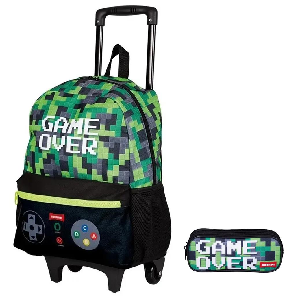 Kit Mochila Escolar Gamer Over Rodinhas Infantil Sestini Tam G Estojo Duplo
