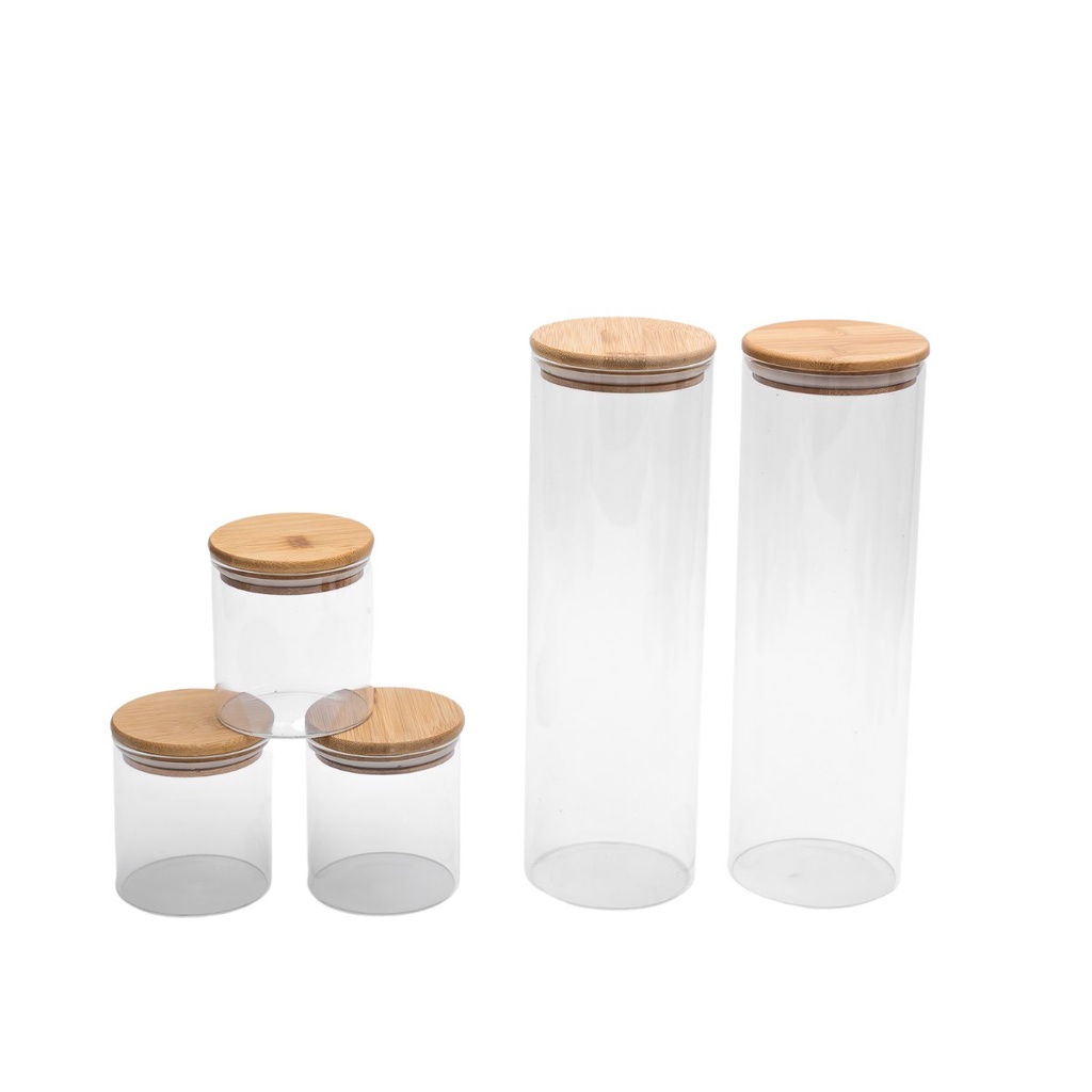 Kit potes herméticos vidro circular bambu 2L e 500ml 5 pçs - Oikos em Oferta na Shopee