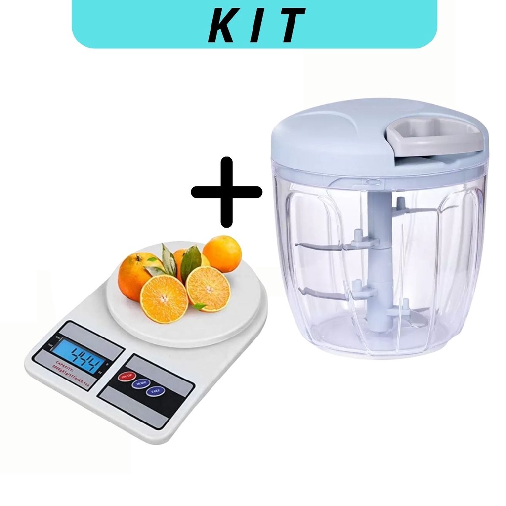 Kit com Triturador Processador de Alimentos Grande 900ml e Balança Digital até 10Kg Cozinha FItness Nutrição e Dieta