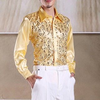 Brilhante Gold Sequin Glitter Camisa Manga Longa De Festa Discoteca Coro Para Homens