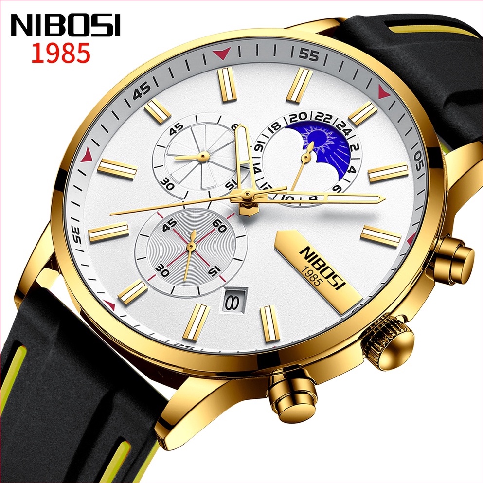 NIBOSI Relógio De Quartzo Masculino À Prova D'água Com Pulseira De Silicone De Estrela/Lua/Fase