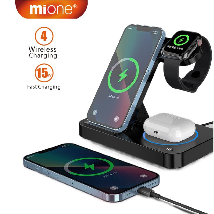 Carregador Sem Fio Mione 15W Rápido 3 Em 1 Estação De Suporte 4 Em 1 Para Relógio Telefônico Dock Fone De Ouvido Wireless Charger