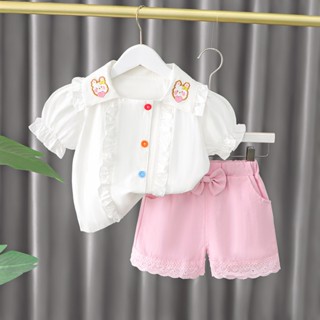 Conjuntos De Roupas De Verão Para Bebês Meninas Bebê Cartton Ruffle Bordado + Shorts Crianças