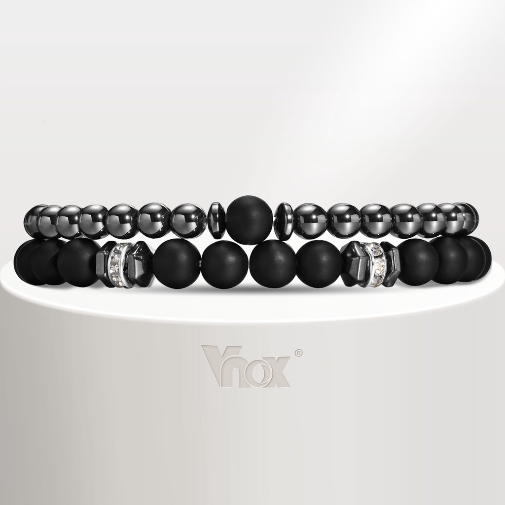Vnox 8mm/6mm Black Gallstone Pulseiras De Empilhamento Masculino De Pedra Vulcânica Olho De Tigre Para Homens Conjunto De 2 Ele