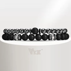 Vnox 8mm/6mm Black Gallstone Pulseiras De Empilhamento Masculino De Pedra Vulcânica Olho De Tigre Para Homens Conjunto De 2 Ele