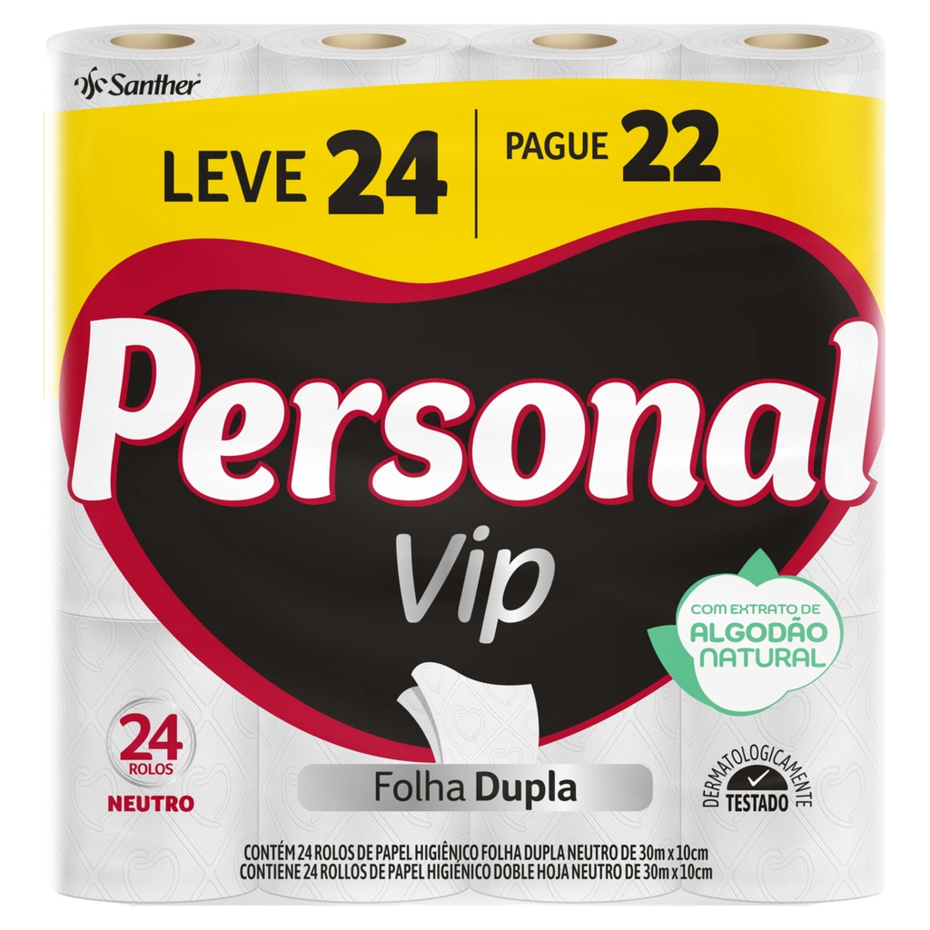 Papel higiênico folha dupla Personal Vip Leve 24 Pague 22 rolos de 30 m cada