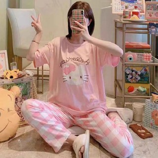 Pijama Feminino Verão Manga Curta Fofo Calça Tamanho Grande Conjunto Desenho Animado Hello Kitty