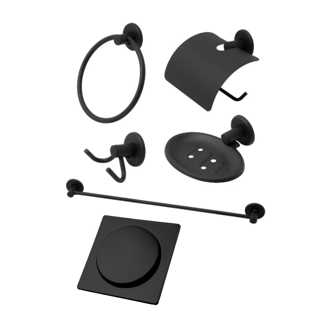 Kit Acessório Banheiro Preto 5 Peças + Ralo Click 10x10 Quadrado Preto