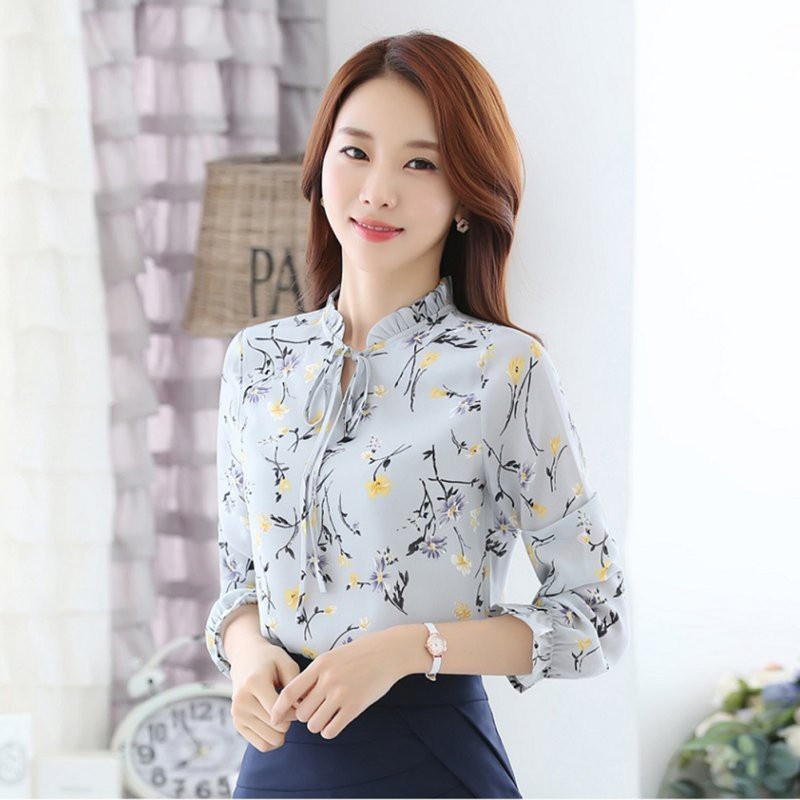 Blusa Chiffon Feminina Manga Comprida Camisa Floral Coreana