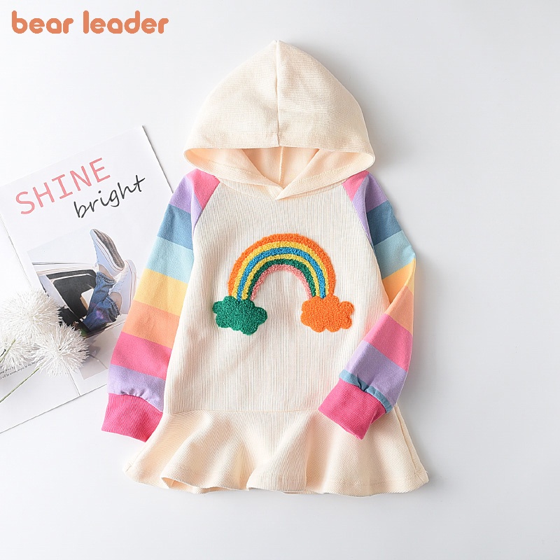 Líder Urso Meninas Vestido De Festa Nova Marca Princesa Rainbow Colorido Crianças Vestidos Da Menina Doce Com Capuz Roupas