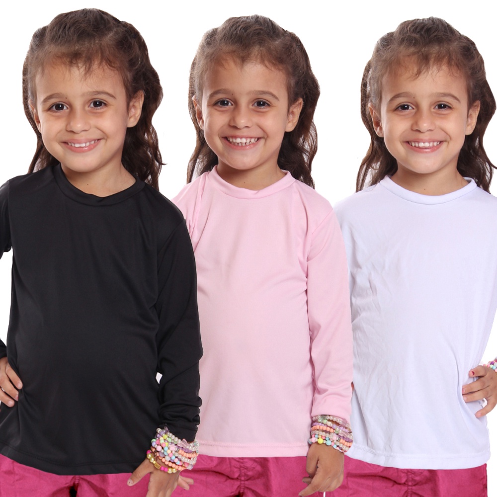 Kit 3 Camisetas Infantil Menina Proteção UV Térmica Solar Manga Longa Camisa Praia Esporte