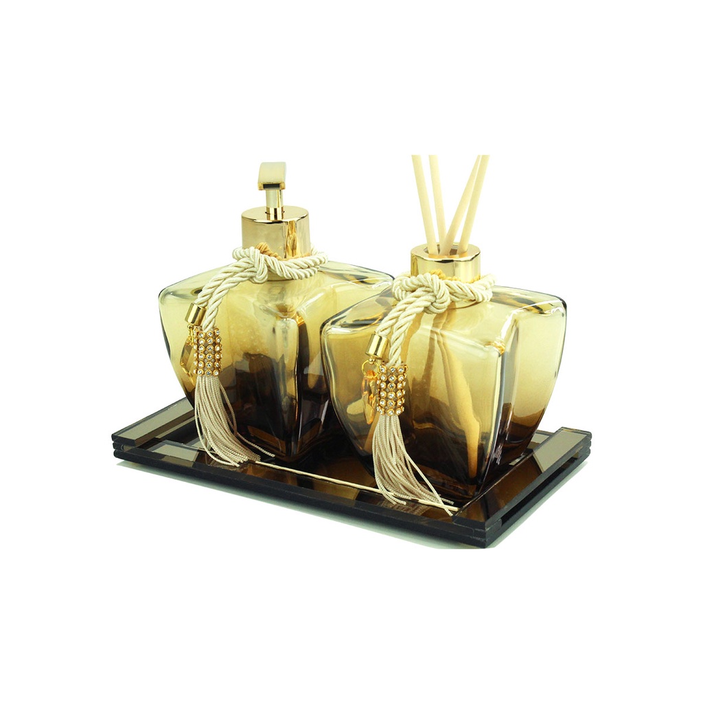 Kit Lavabo Banheiro Vidros Degrade Dourado C/ Bandeja Luxo e Enfeites
