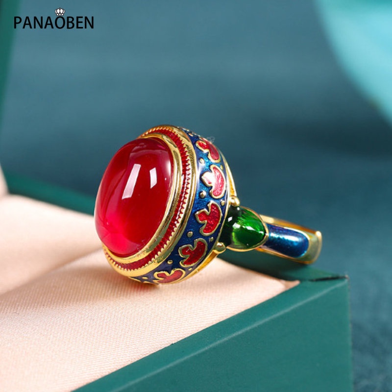 ♥Original Craft Natural Ágata Vermelha Natural Cloisonne 925 Silver Ring Girl Flower Esmalte Estilo Étnico Jóias de Casamento de Luxo Leve em Oferta na Shopee