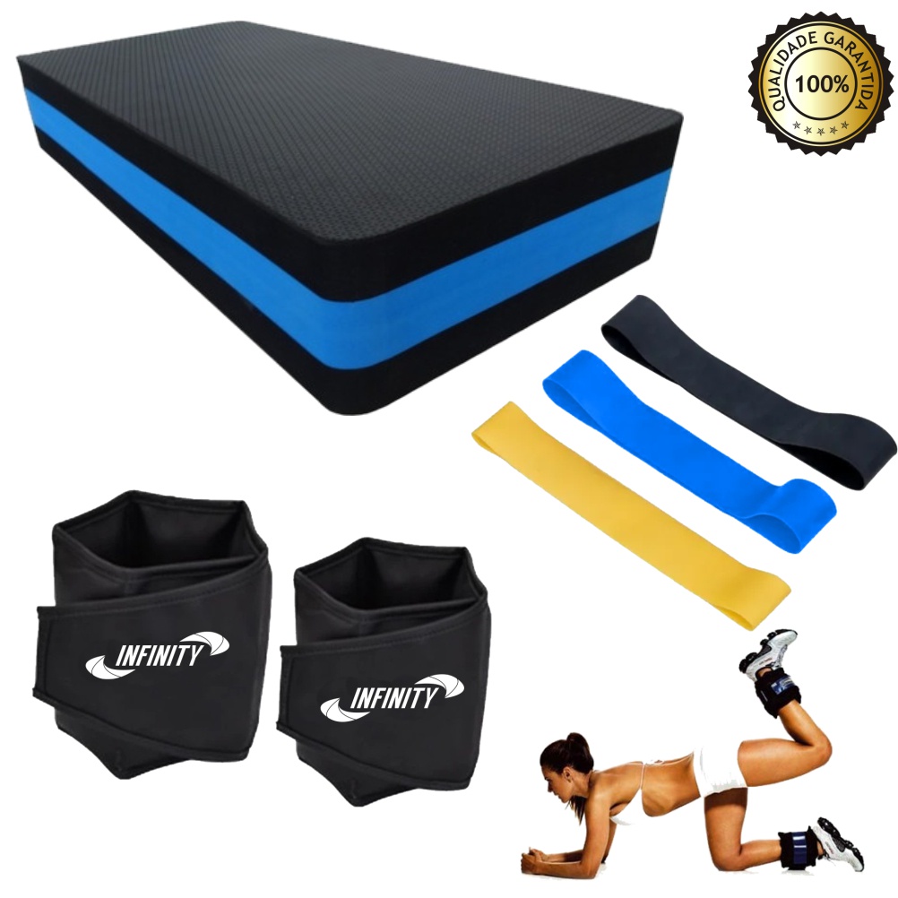 Treino Funcional Kit Mini Band + Par De Caneleira 5 Kg + Step em EVA