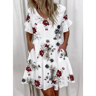 Moda Vestido De Bolso Curto Estampado Com Babados Casual Solto Feminino