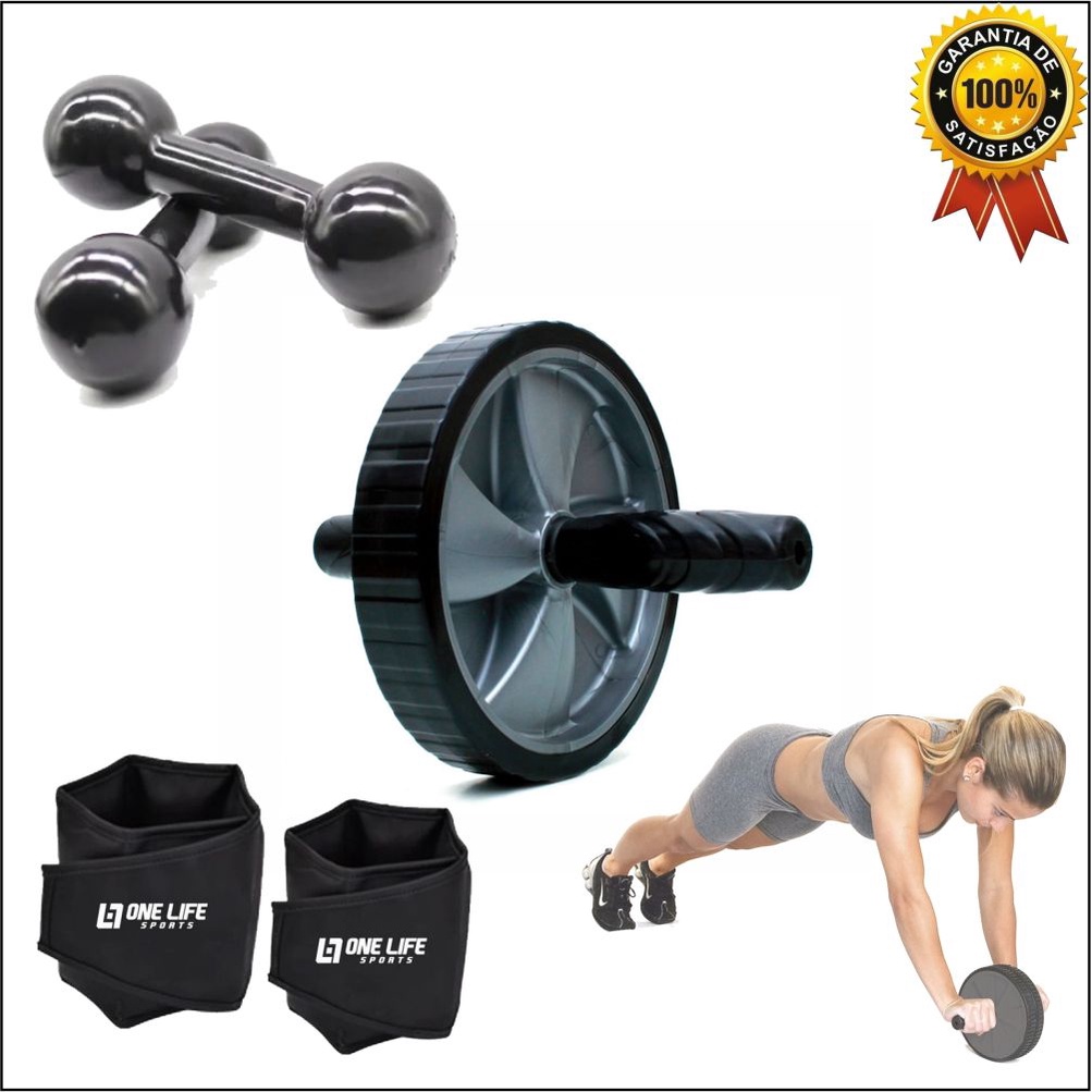 Kit Aeróbico Em Casa Caneleira 5 Kg + Roda Abdominal + Halter 2 Kg Exercicio Funcional em Casa Academia Treino Promoção