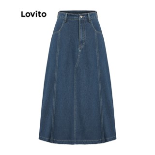 Lovito Saia Jeans Feminina Casual Lisa com Bolso Básica L37AD066 (Azul)