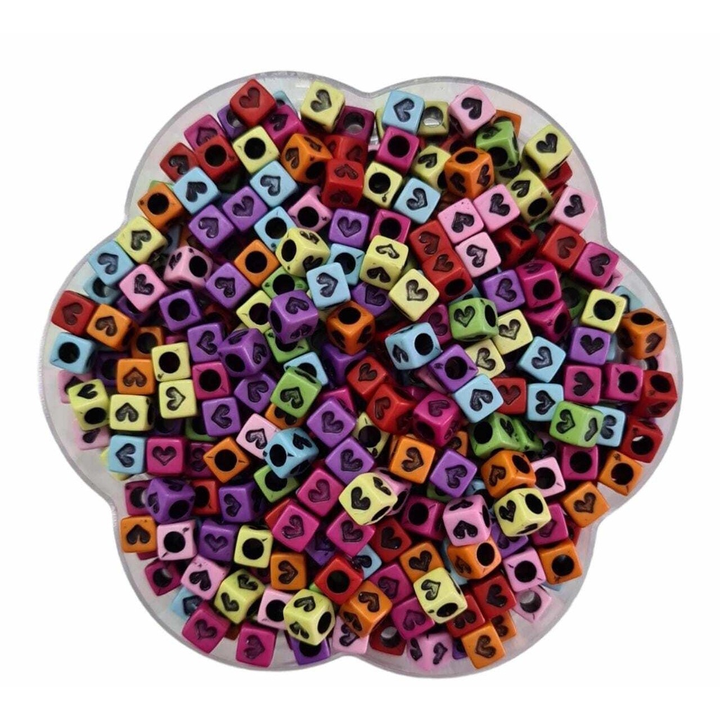 Miçanga Cubo Coração - Multicolorido com Preto - 7x7mm - 50g