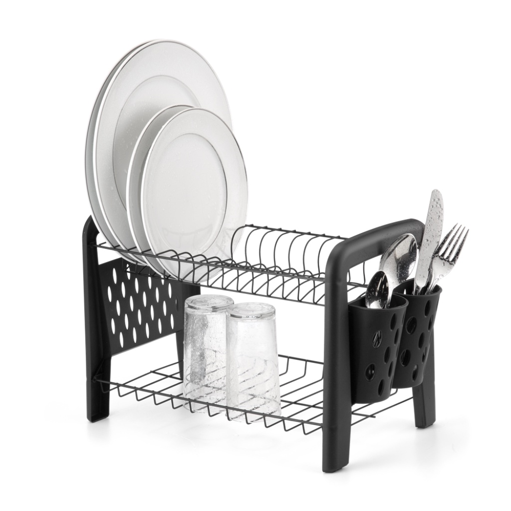 Escorredor de Louças Duplo Porta Copos Talheres Preto Desmontável Cozinha Prática Arthi - Home & Living