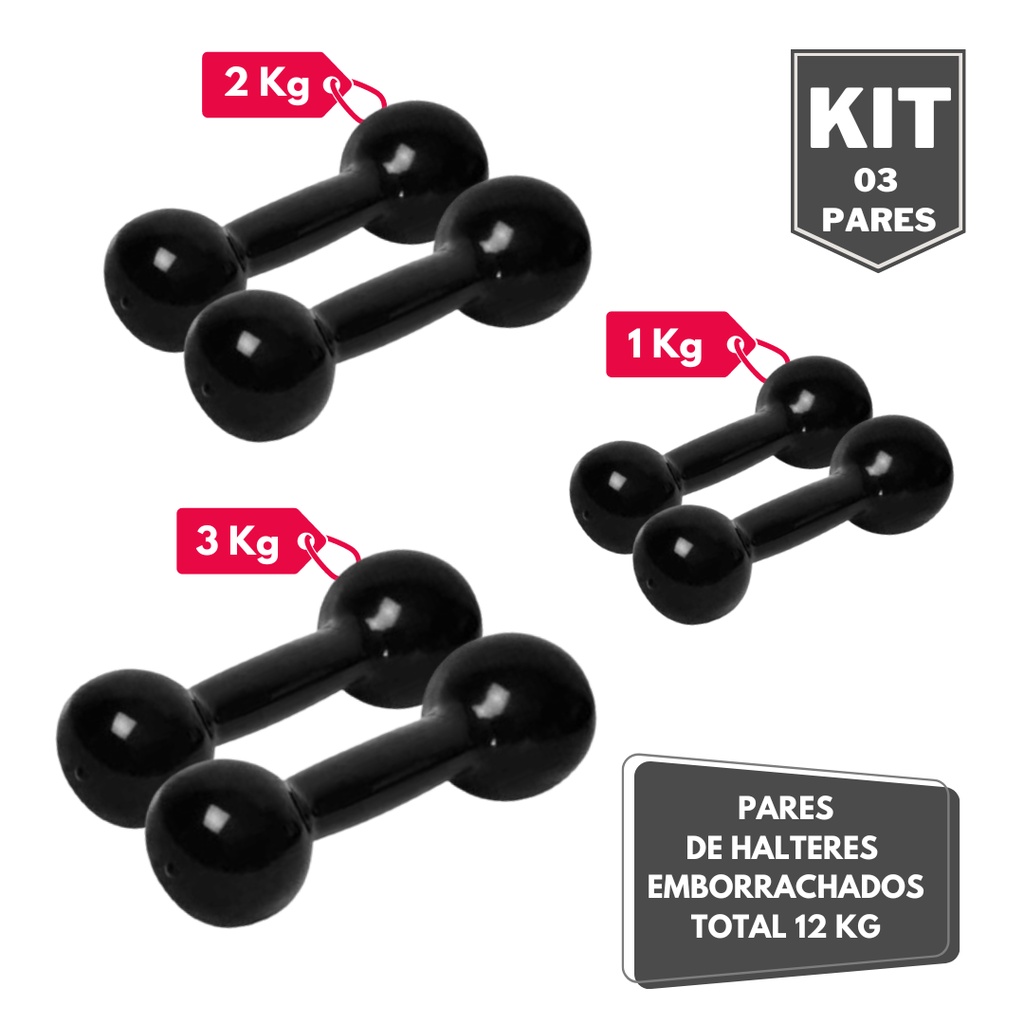 Kit Par Halter Bola Emborrachado 1 2 3 Kg - Total 12 Kg
