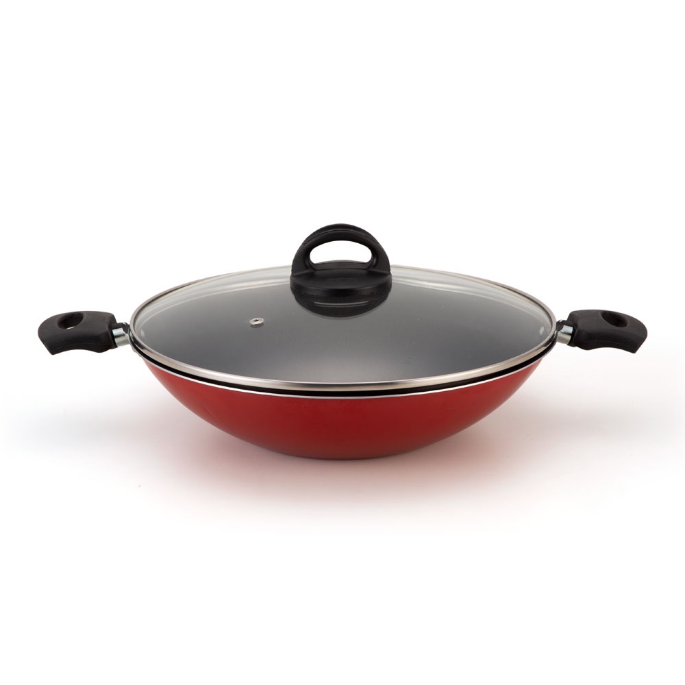 Frigideira Wok Antiaderente Tampa De Vidro 30Cm Vermelho em Oferta na Shopee