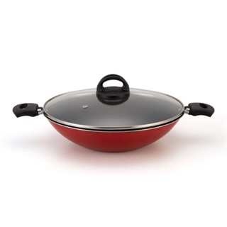 Panela Wok Oriental Vermelha Antiaderente Alumínio Nacional Com Tampa 30cm