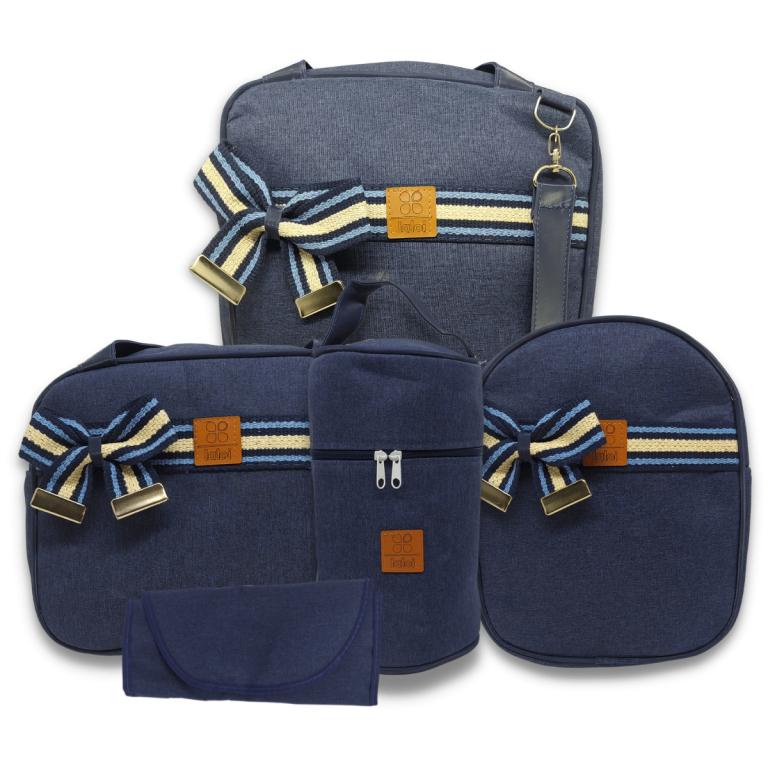 Kit Bolsa Maternidade 5 Peças Jeans Colorido Laloi Azul Marinho