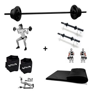 Kit Barra + 10 Kg De Anilhas Emborrachadas + caneleira 4 kg + colchonete