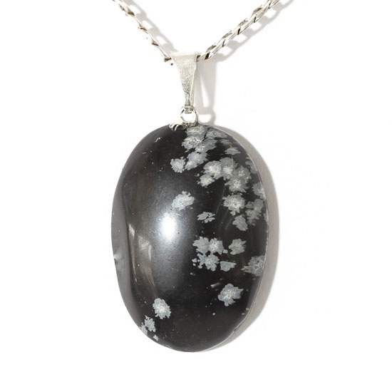 Colar Cabochão Obsidiana Flocos de Neve Pino Prateado
