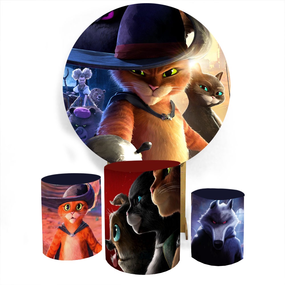 Kit Painel Redondo 1,5 Capa Cilindro Gato de Botas Infantil Painel de Aniversário Trio Veste Facil