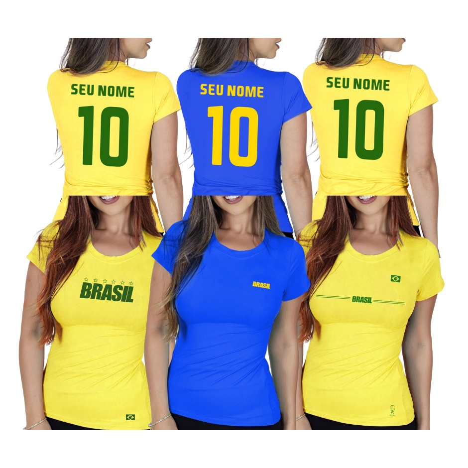 Camisa Blusa Baby Look Camiseta do Brasil Feminina Personalizada Com Nome Para Copa Bandeira Patriota