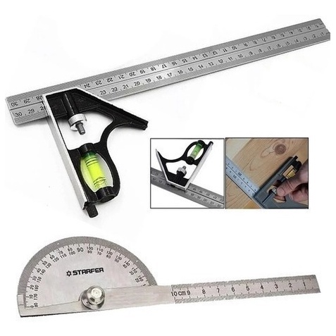 Kit Transferidor Grau Inox 180 Graus + Esquadro Combinado Ferramentas