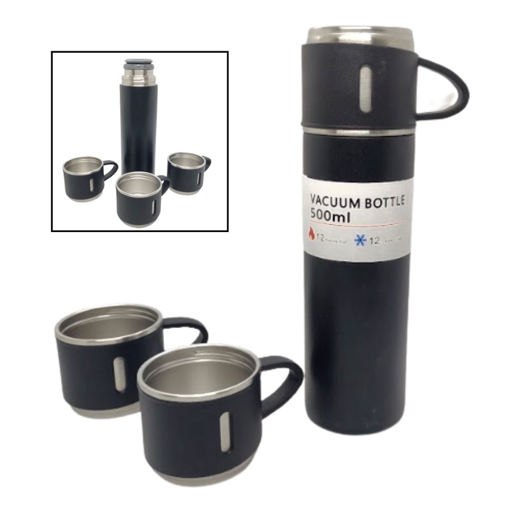 Garrafa Térmica Inox 500ml Café Chá Água Inquebrável a Vácuo Quente ou Frio + 3 Canecas Inox