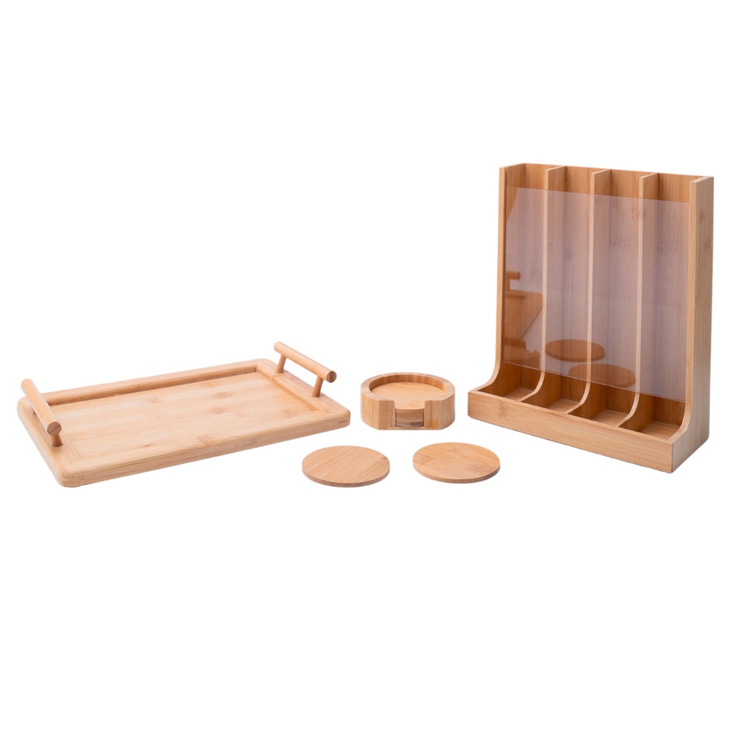 Kit com porta cápsulas, bandeja retangular com alças e jogo de porta copos de bambu - Oikos
