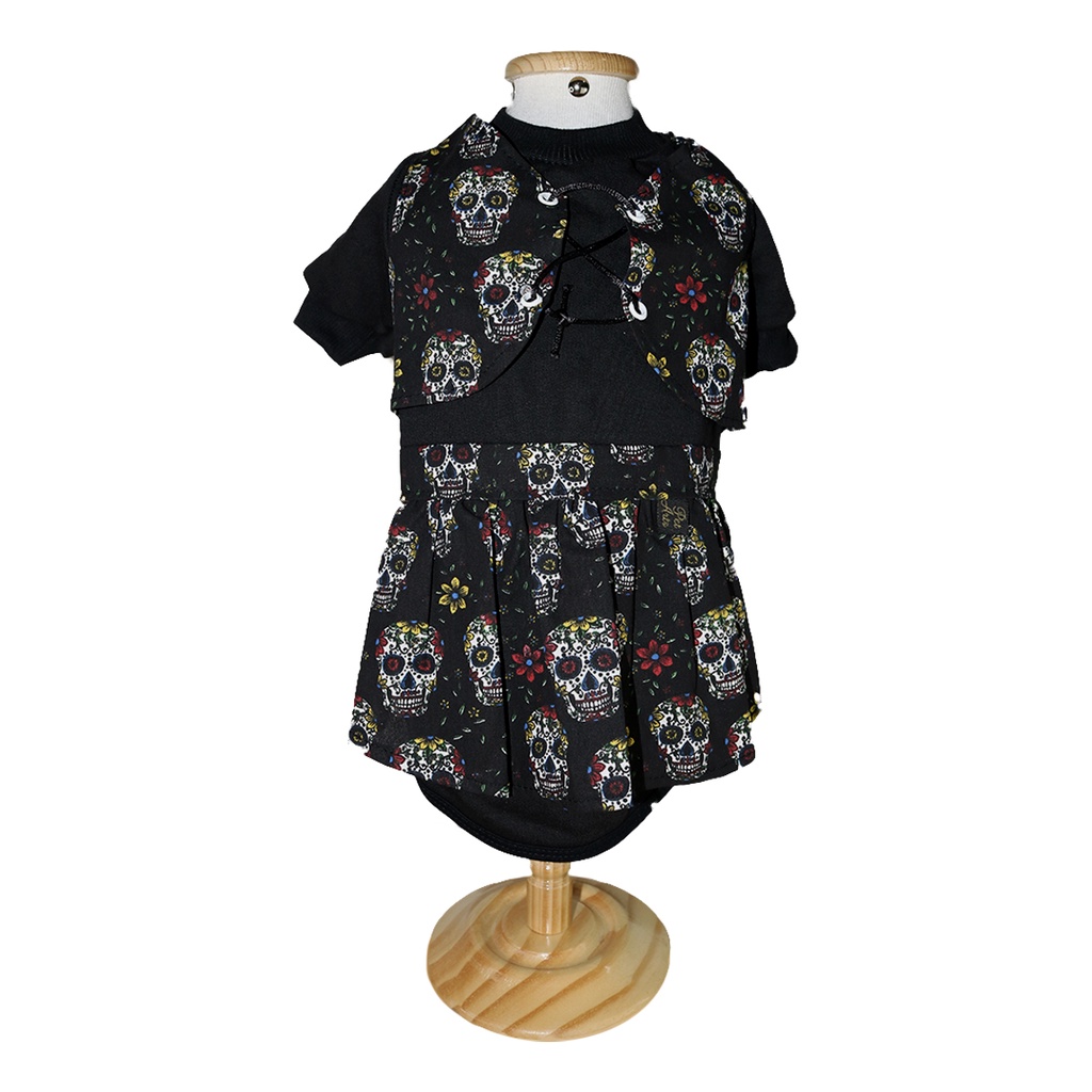 Roupa pet Vestido Pet Lizzie caveira mexicana roupinha pet divertida fantasia preta estampada