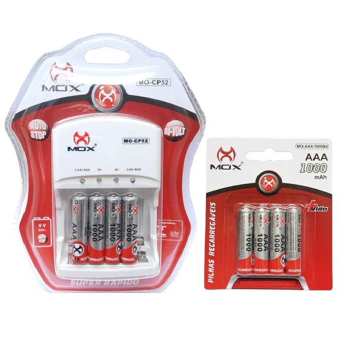 Kit Com 8 Pilhas AAA Palito Recarregaveis + Carregador Bivolt Automático AA AAA 9V