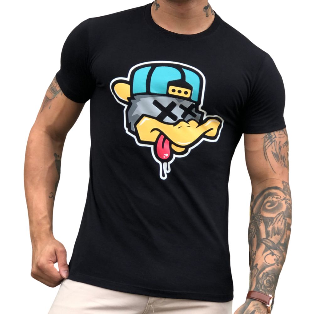 Camiseta Masculina Camisa Estampada Preta Pato Colorido