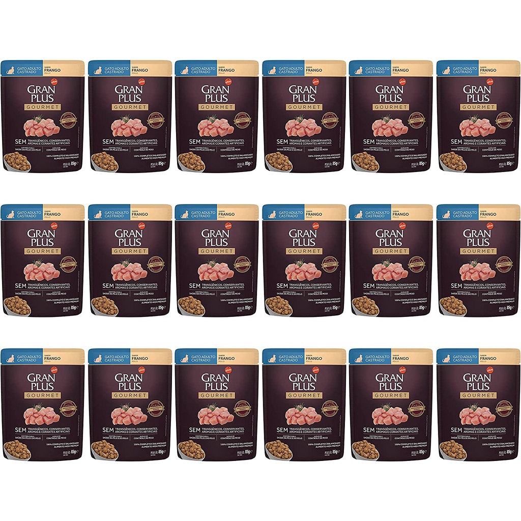 Caixa 18un Ração Úmida Sachê GranPlus Gourmet Gatos Adultos Castrados Frango 85g - Pets
