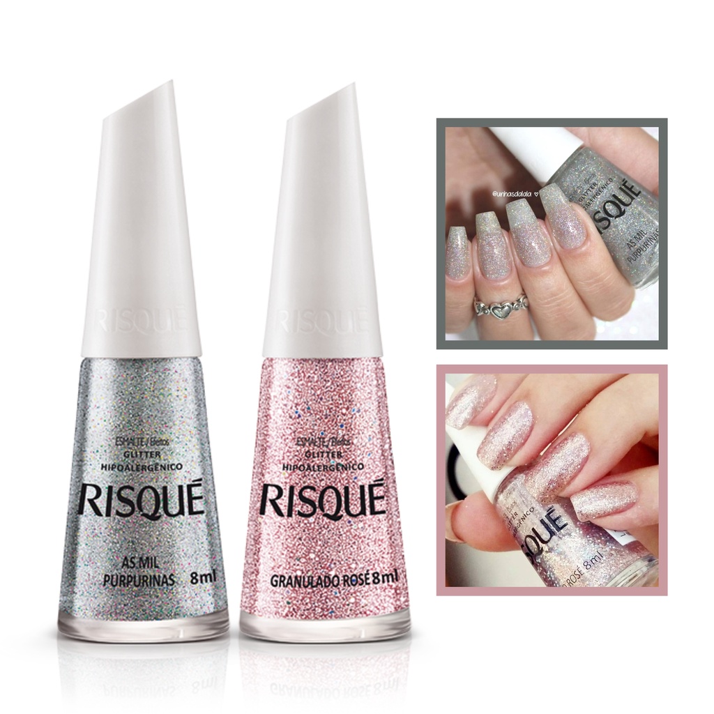 Kit Esmalte Risque Glitter Mil Purpurinas + Granulado Rose