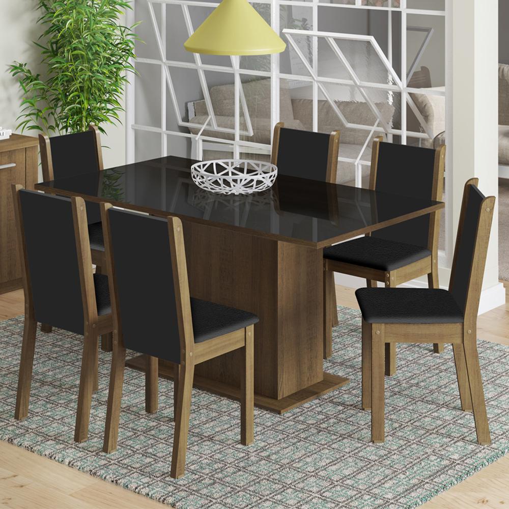 Conjunto Sala de Jantar Madesa Moscou Plus Mesa Tampo de Vidro com 6 Cadeiras - Rustic/Preto/Preto