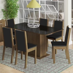Conjunto Sala de Jantar Madesa Moscou Plus Mesa Tampo de Vidro com 6 Cadeiras - Rustic/Preto/Preto
