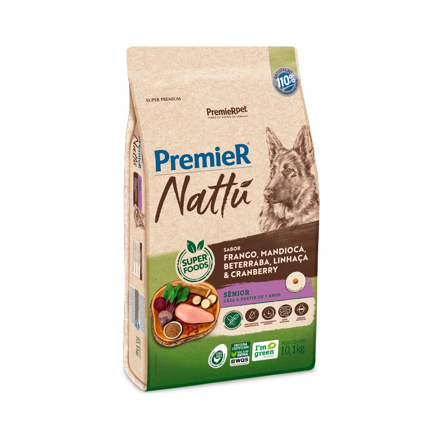Ração Premier Nattu Cães Sênior Mandioca, Beterraba, Linhaça e Cranberry 10,1kg em Oferta na Shopee