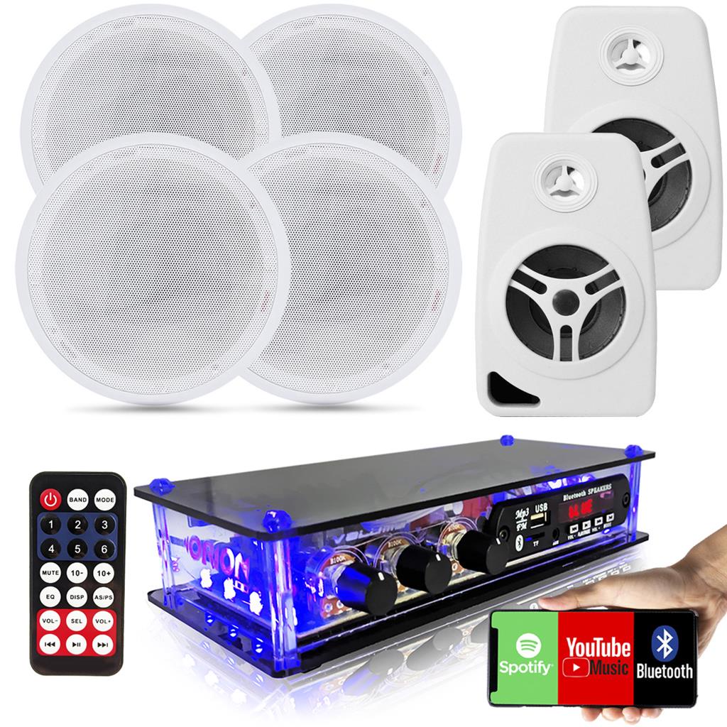 Kit Som Ambiente 4 Caixas de Embutir Teto + 2 Caixas de Parede Brancas + Amplificador Bluetooth USB Fm AUX SD Bivolt em Oferta na Shopee