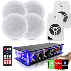 Kit Som Ambiente 4 Caixas de Embutir Teto + 2 Caixas de Parede Brancas + Amplificador Bluetooth USB Fm AUX SD Bivolt
