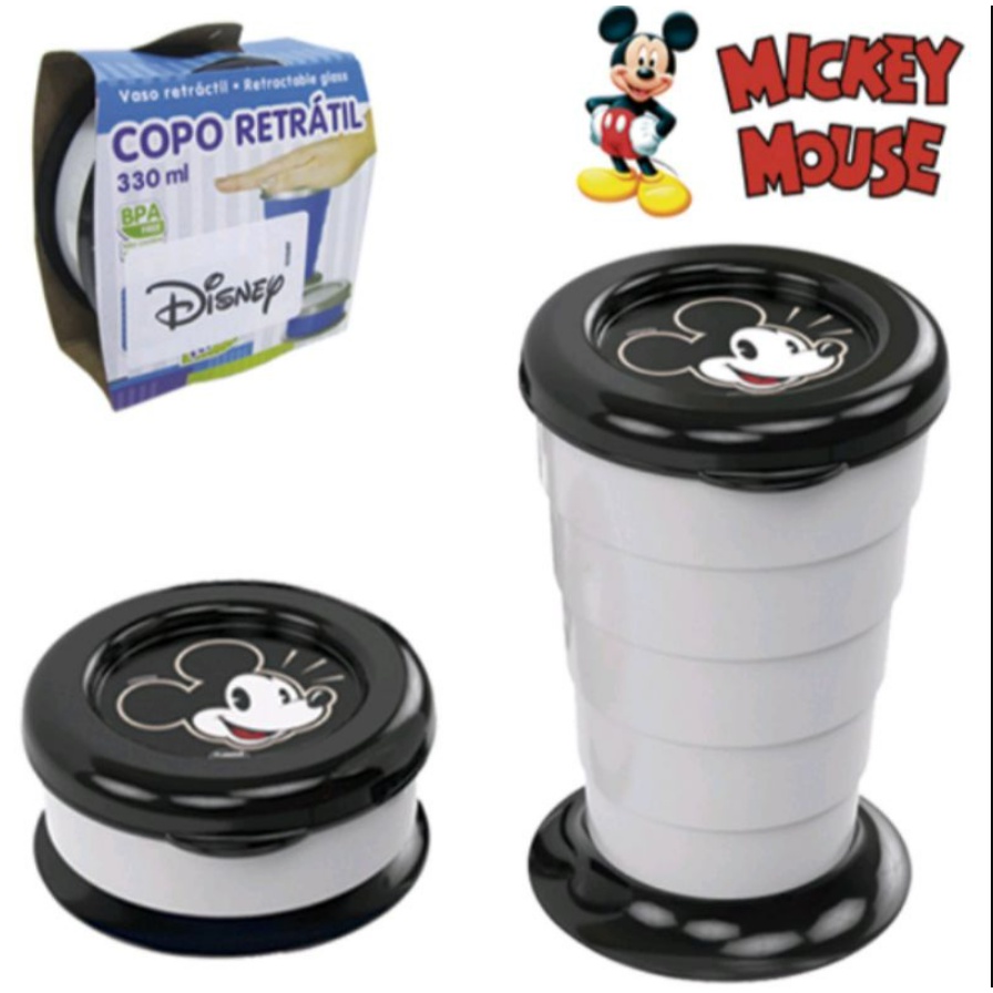 Copo Retrátil De Plástico  Com Tampa Decorada Mickey & Minnie 330ml