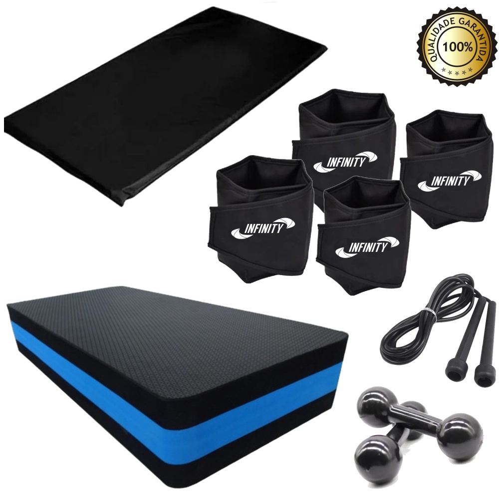 Kit Aeróbico Step + Caneleira 4 Kg + Caneleira 5 Kg + Halter 5kg + Colchonete + Corda