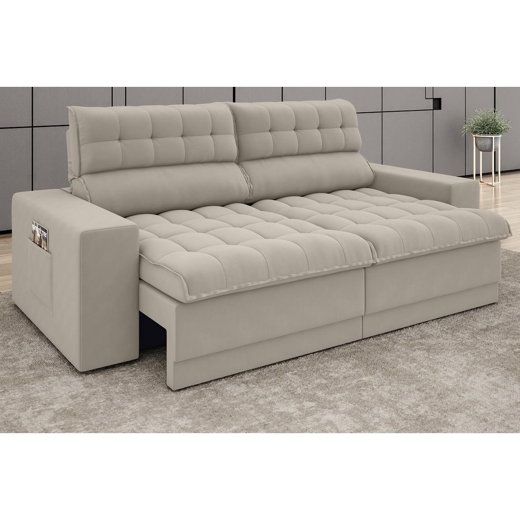 Sofá Omega 2,00m Assento Retrátil e Reclinável Velosuede Areia - NETSOFAS - Home & Living