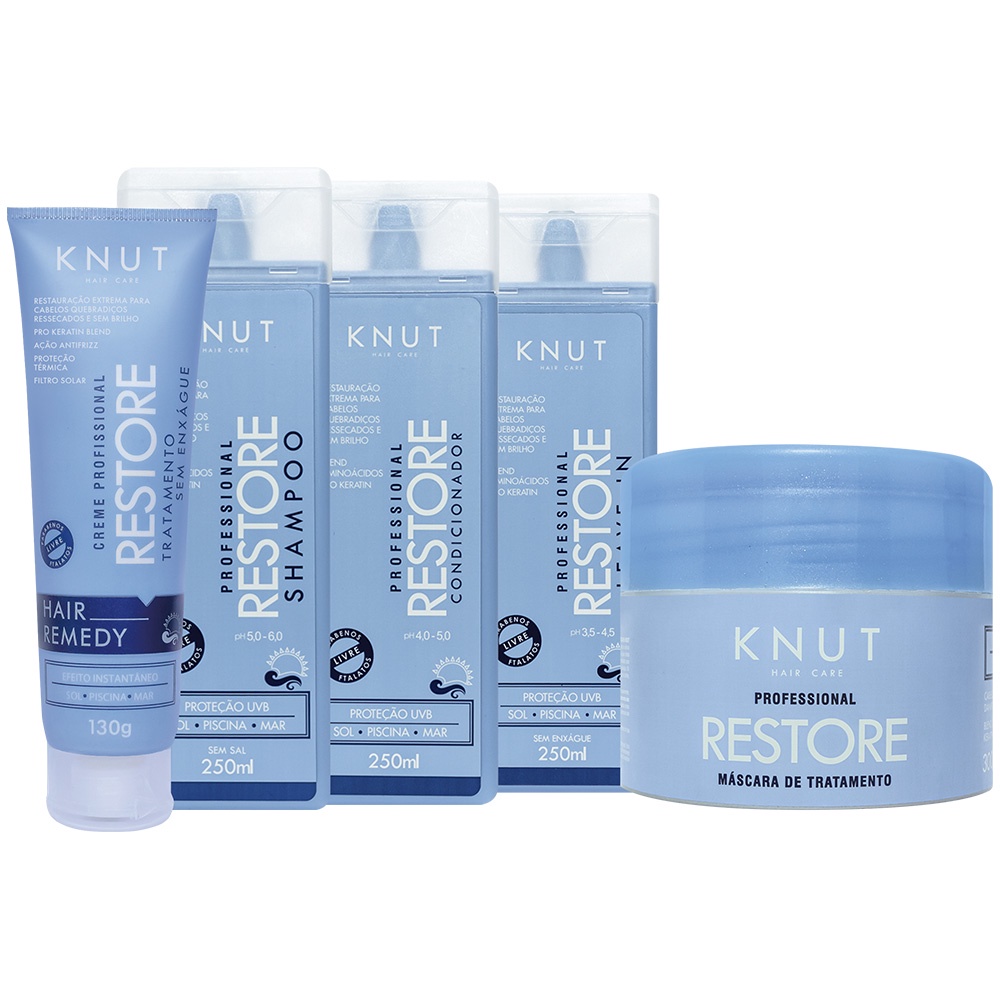 Kit KNUT RESTORE: Shampoo 250ml + Condicionador 250ml + Máscara 300g + Leave-in + Hair Remedy