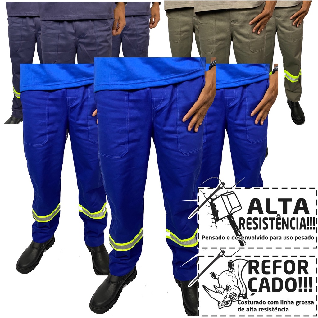 Kit 3 Calça REFORÇADA de Brim Pesado com Faixa Refletivo Uniforme Profissional de Trabalho Sinalização Para Industria Pedreiro Eletricista Soldador Construção Serralheiro
