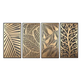 Kit Quadros Decorativos Mosaico 4 peças Grande Detalhes Dourado Flores Parede Sala Quarto